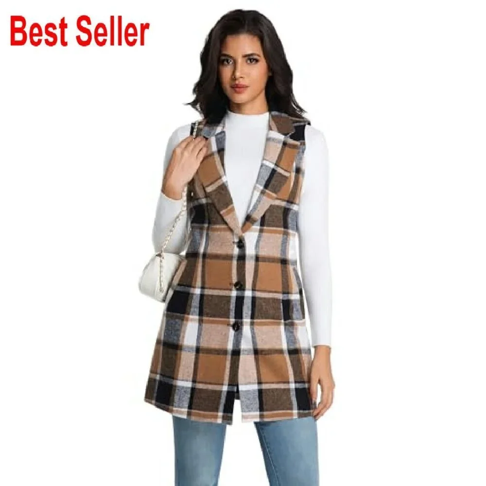 Long Wool Plaid Vest Sleeveless Blazer Trench Coat Classic Chic Fall Winter